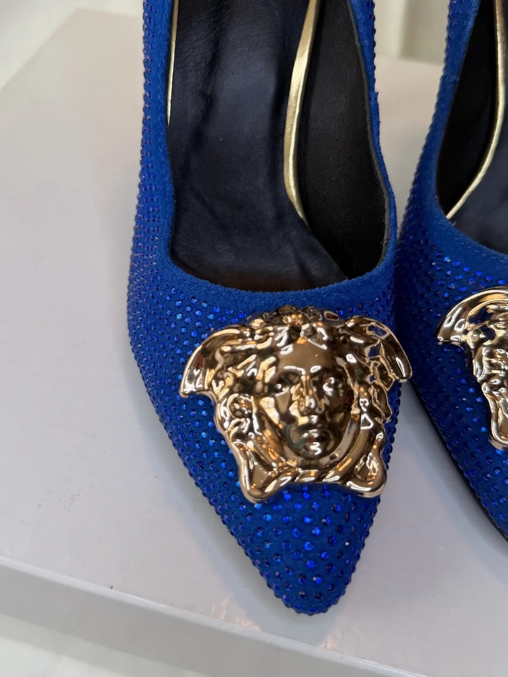 Versace Royal Blue Crystal Pointed-Toe Pumps with Gold Medusa